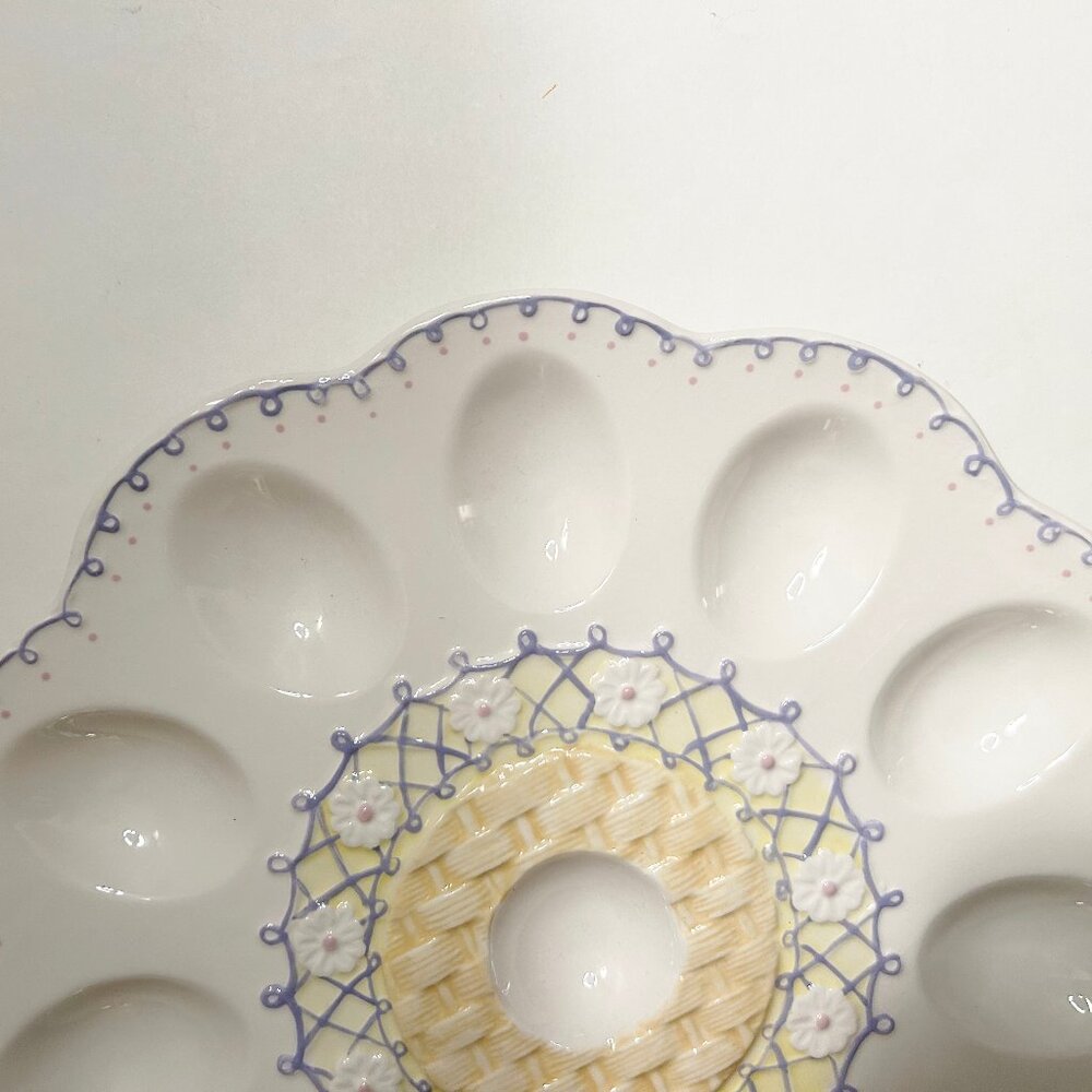 Ceramic Egg Holder - White w/  Purple & Yellow Design - Displays 1 Dozen - Picture 3 of 4